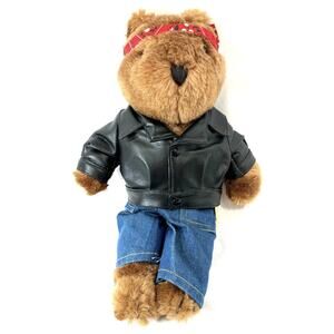 Aldon Heart Co Teddy Bear 14” Plush Biker Brown Bear Leather Jacket Vintage 1983